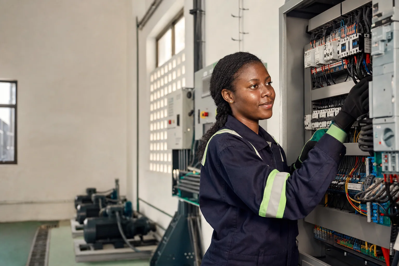 Engineer inspecting an industrial electrical control system