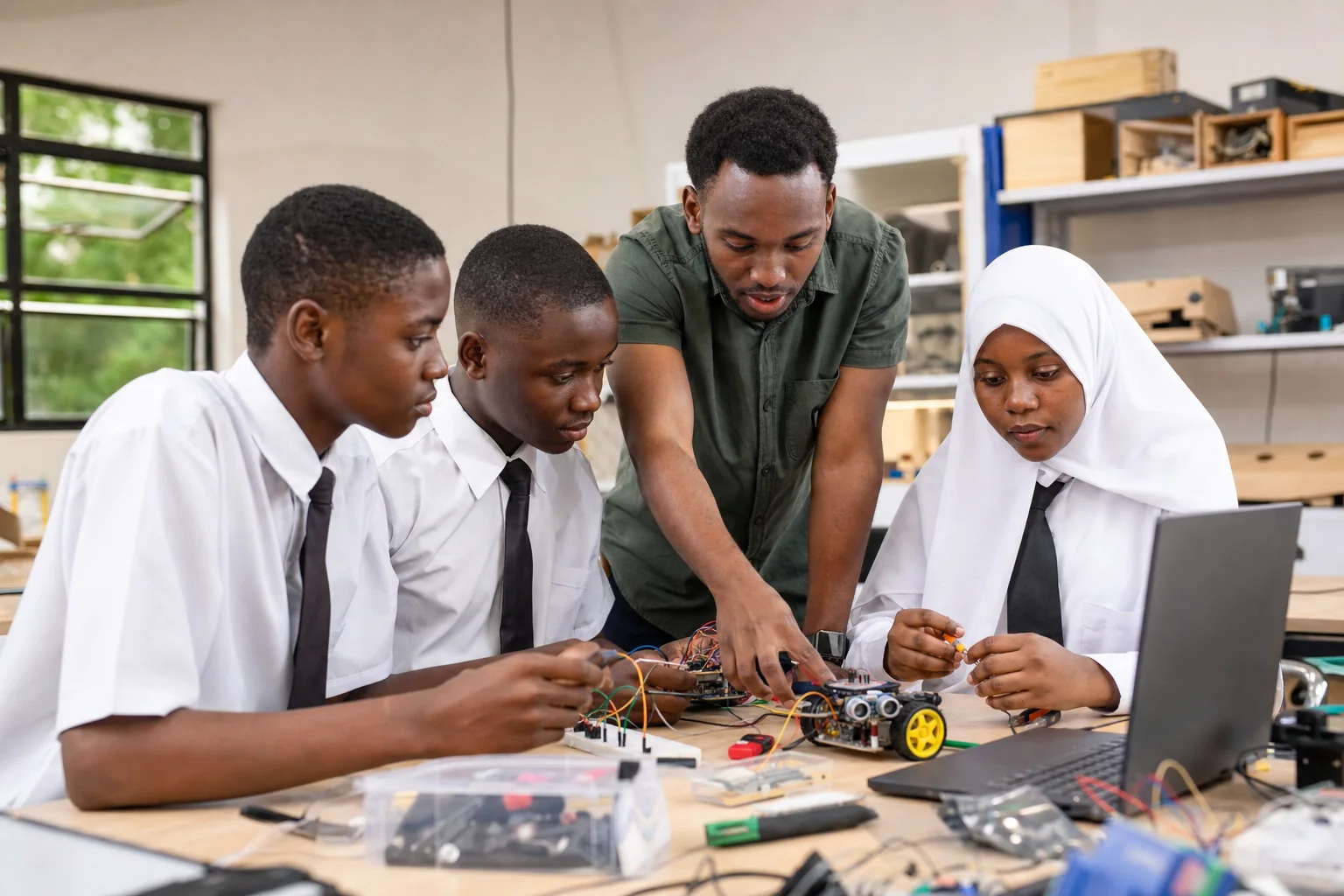 Students and an instructor building and testing a robotics project