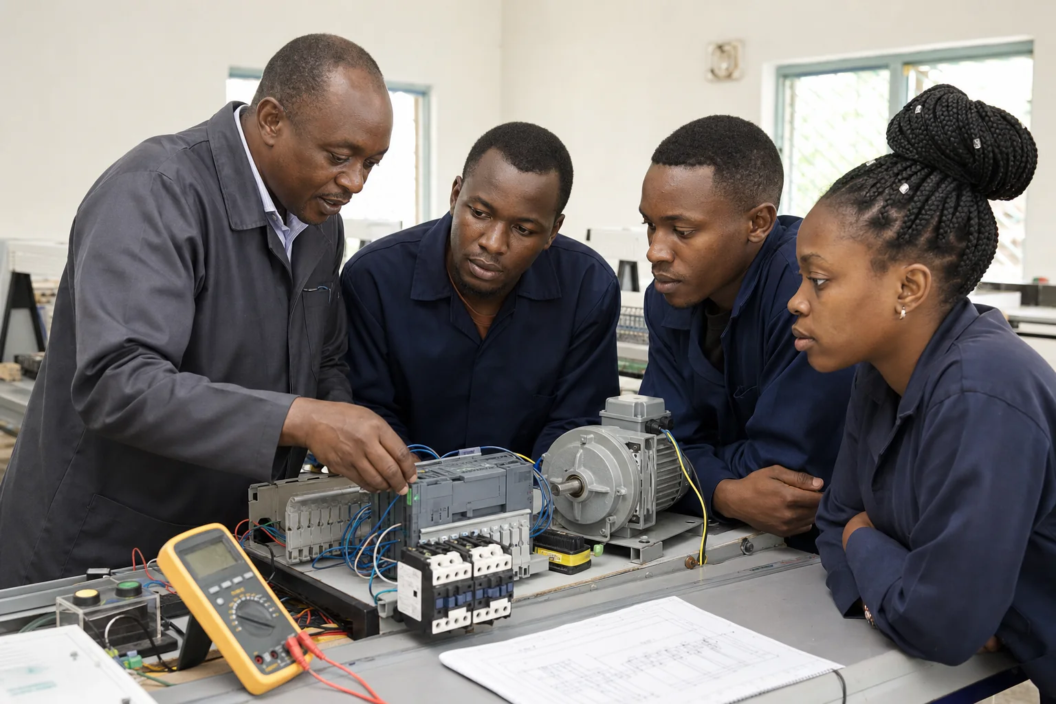 Technical instructor guiding technicians through motor control training